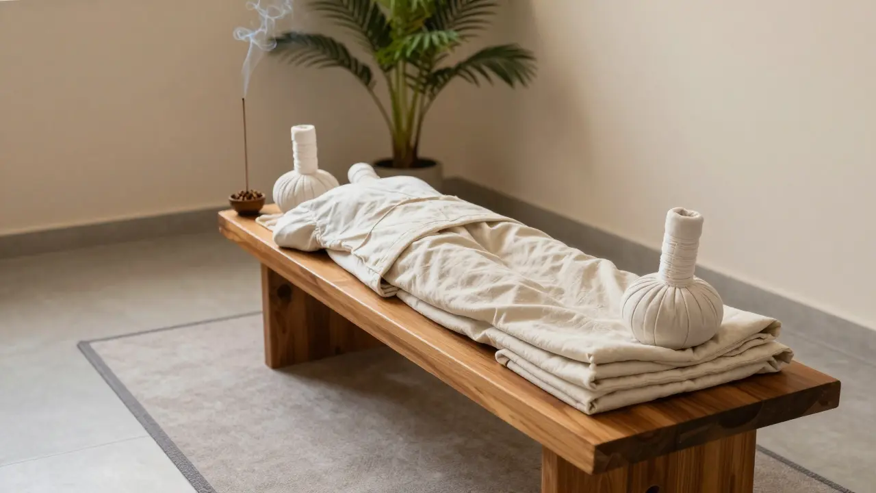 Clean cotton massage clothes folded on a wooden bench in a quiet spa room with incense smoke.