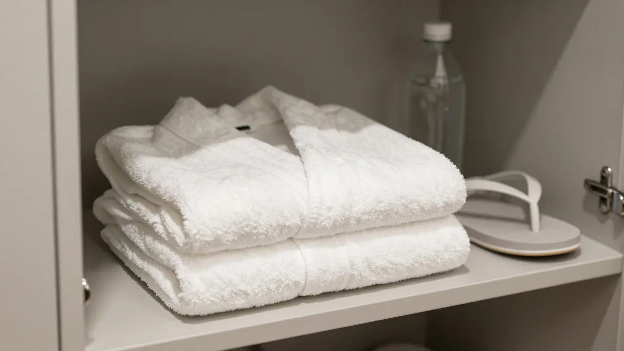 Clean cotton robe and towel folded neatly on a spa locker shelf with water bottle and flip-flops.