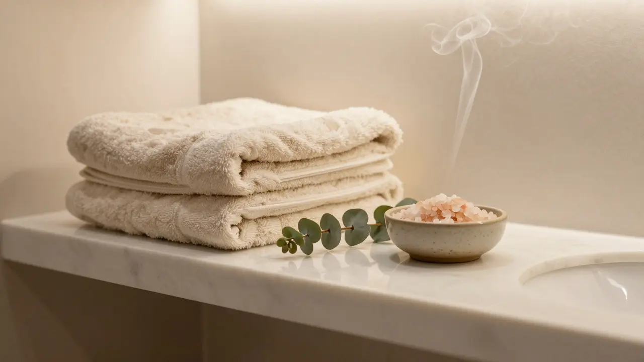 Clean towels and eucalyptus on a marble shelf in a luxury spa room.
