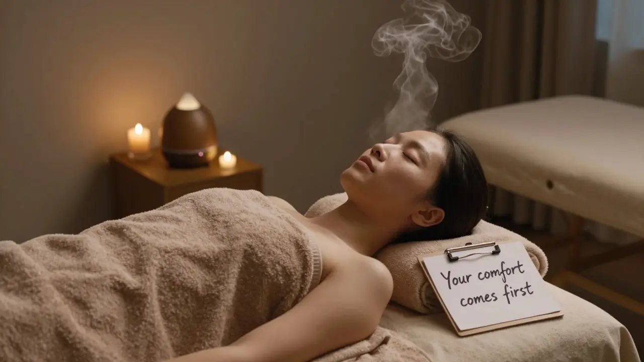 Client relaxing after a session, wrapped in a warm towel, in a serene spa environment with soft lighting.