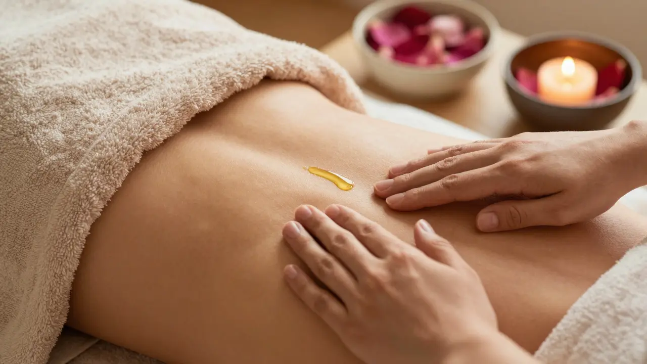 Close-up of a towel-draped shoulder with essential oil being gently applied in a calm spa setting.