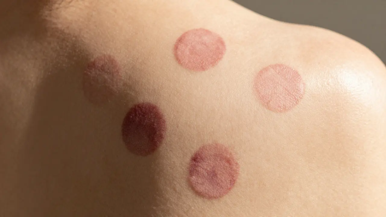 Close-up of circular cupping marks on skin with natural lighting and no injury