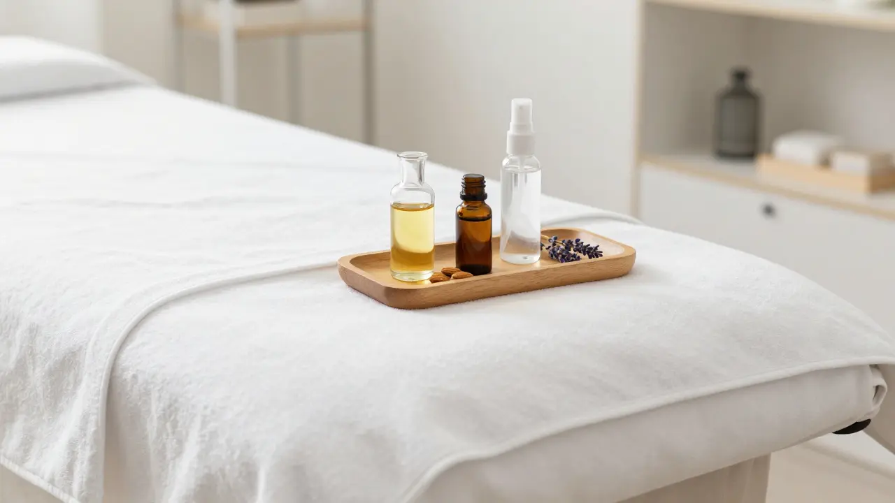 Close-up of clean linens and natural oils on a wooden tray, symbolizing hygiene and professionalism.