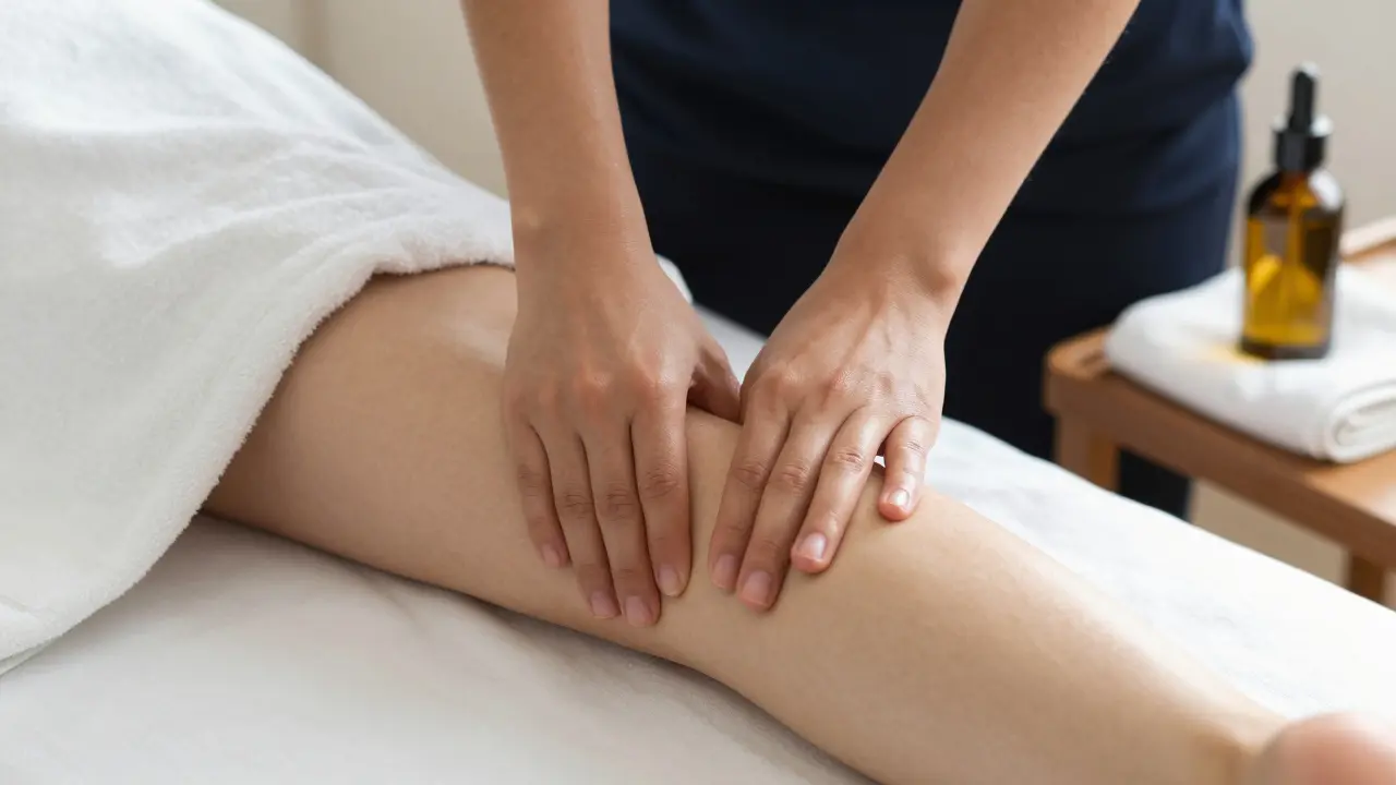 Close-up of hands applying oil to a leg with towel draping, oil bottle and towel on side table.