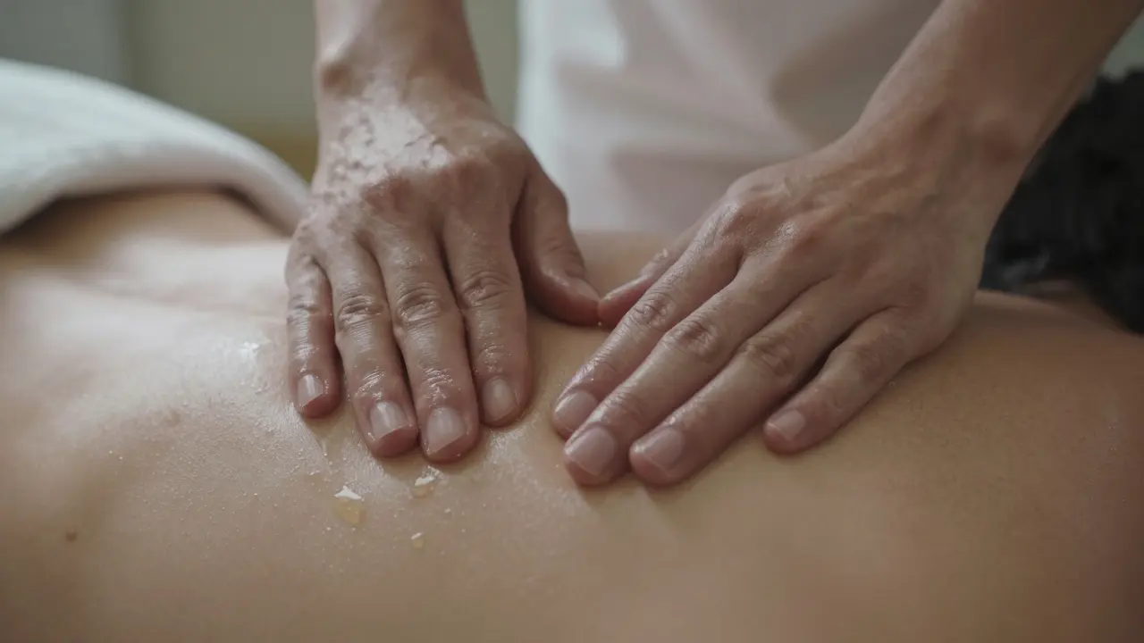 Close-up of hands applying oil to a man's back with focused, professional technique.