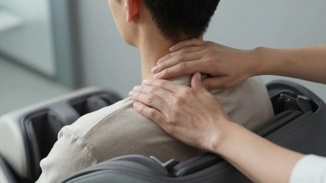Close-up of hands massaging neck and shoulders of a clothed client in a professional setting.