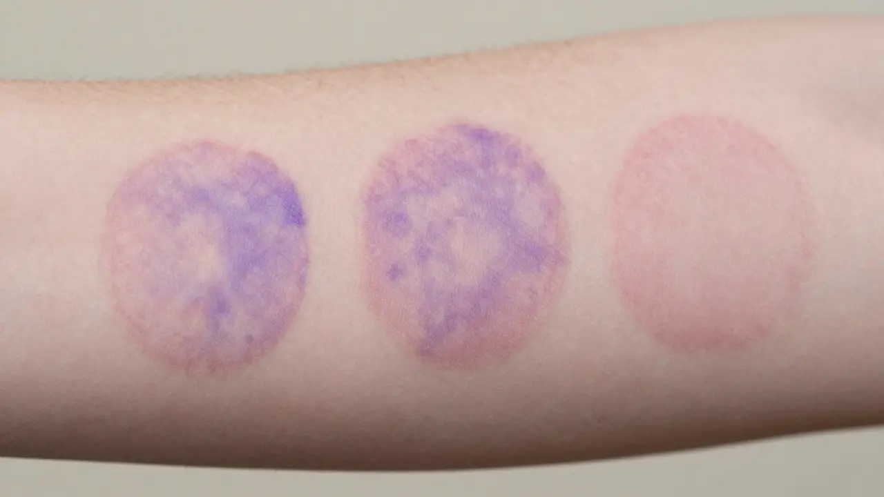 Close-up of purplish circular cupping marks on a forearm, no broken skin.