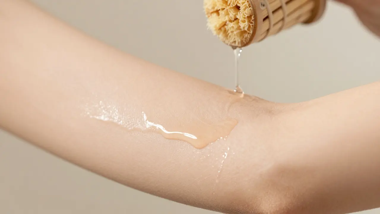 Close-up of smooth skin after scrubbing with moisturizer glistening.
