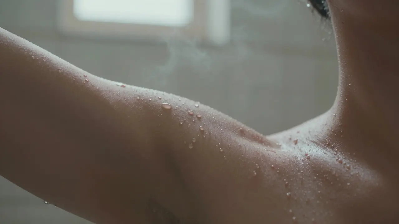 Close-up of water droplets on skin after a steam session, with moist tiled walls in the background.