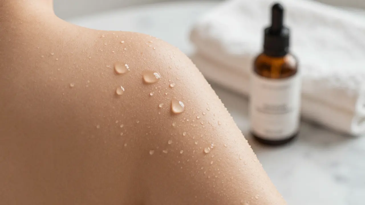 Close-up of water droplets on skin with moisturizer bottle and towel nearby