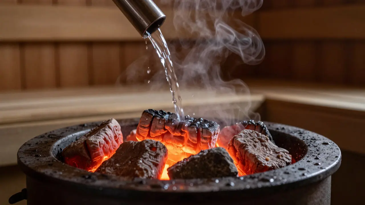 Close-up of water pouring over glowing sauna stones, creating bursts of steam.