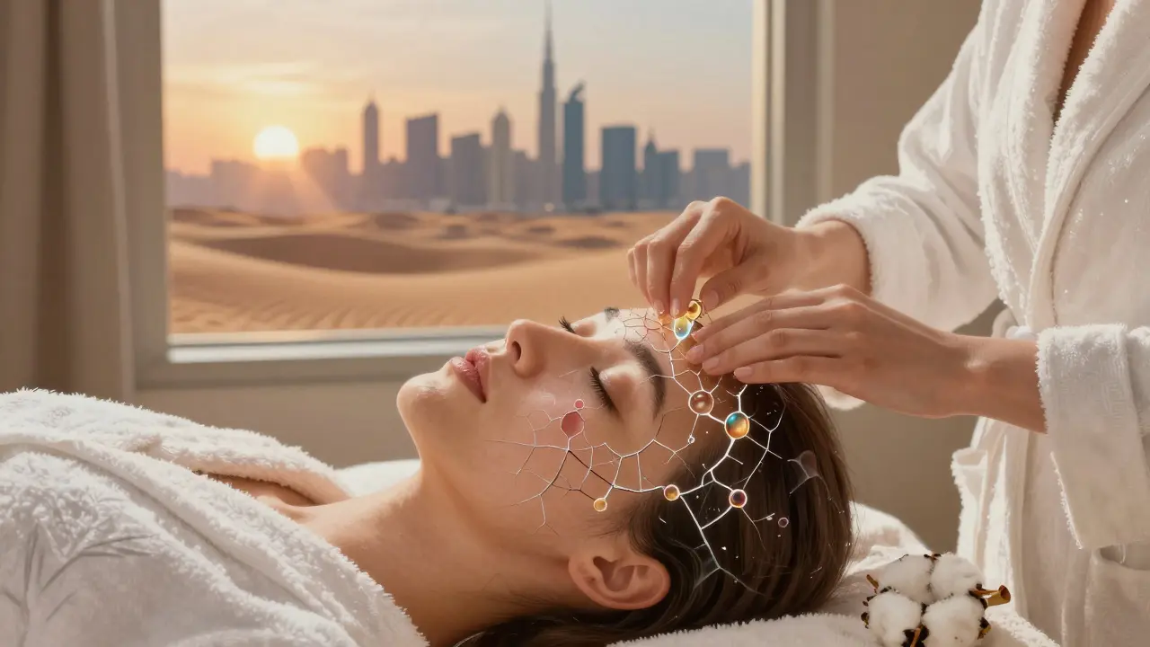 Conceptual image of skin barrier repairing with ceramides and hyaluronic acid under Dubai sunset light.