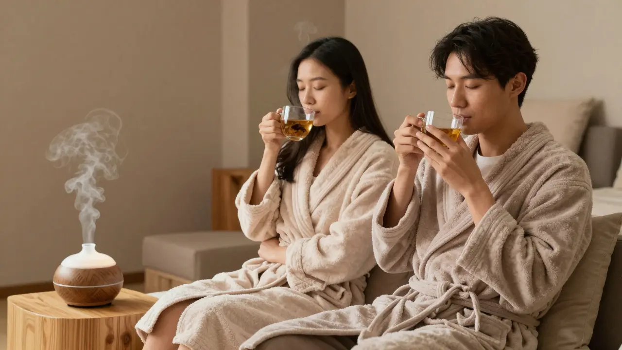 Couple relaxing quietly in a spa lounge, sipping tea with eyes closed.