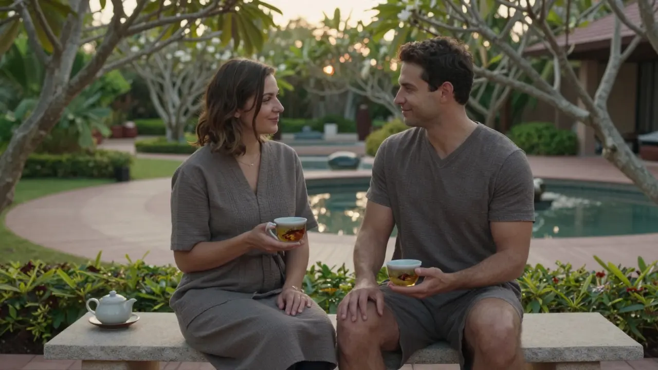 Couple sipping herbal tea together in a tranquil spa garden after massage, smiling quietly, surrounded by plants.