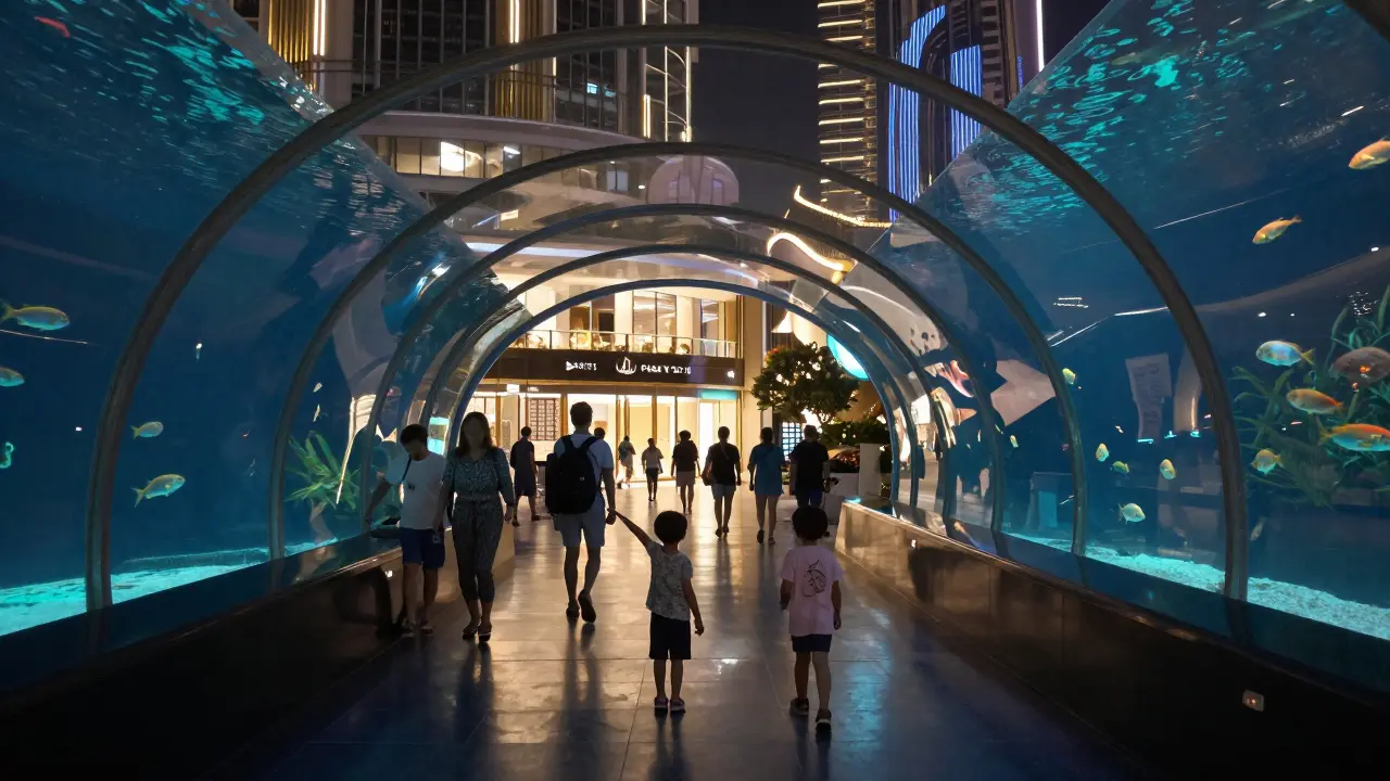 Families walking peacefully at night under the Dubai Mall aquarium with glowing lights.