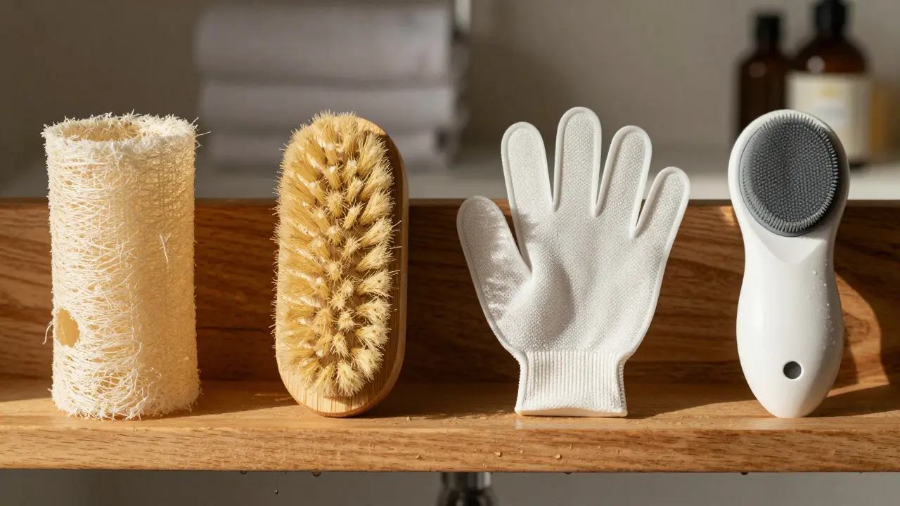 Four types of body scrubbers arranged on a wooden shelf with sunlight.