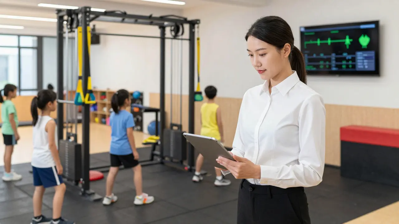 Gym teacher using a tablet to monitor student fitness data during a PE class.