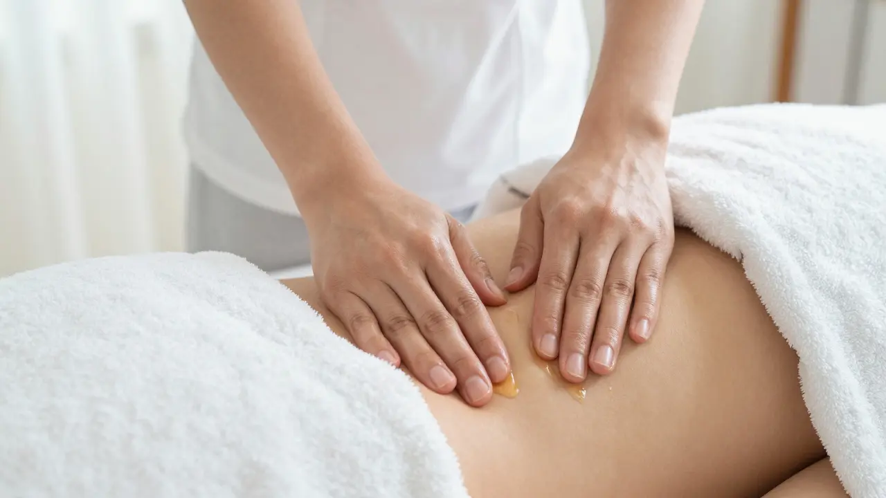 Hands applying oil to a shoulder with towel covering the body during a massage.