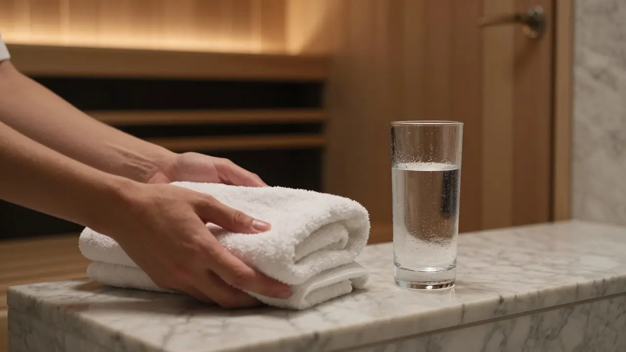 Hands holding a towel and glass of water beside a sauna door in a luxury Dubai spa.