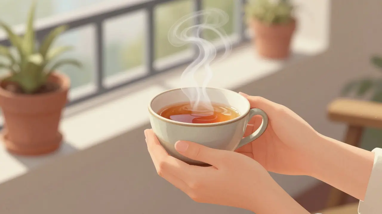 Hands holding a warm cup of tea with steam rising, soft blurred background.