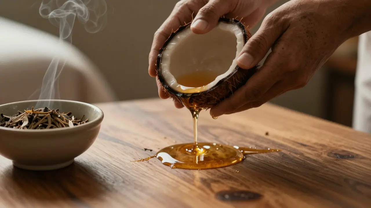 Hands pouring warm coconut oil onto wooden table with incense smoke rising nearby.