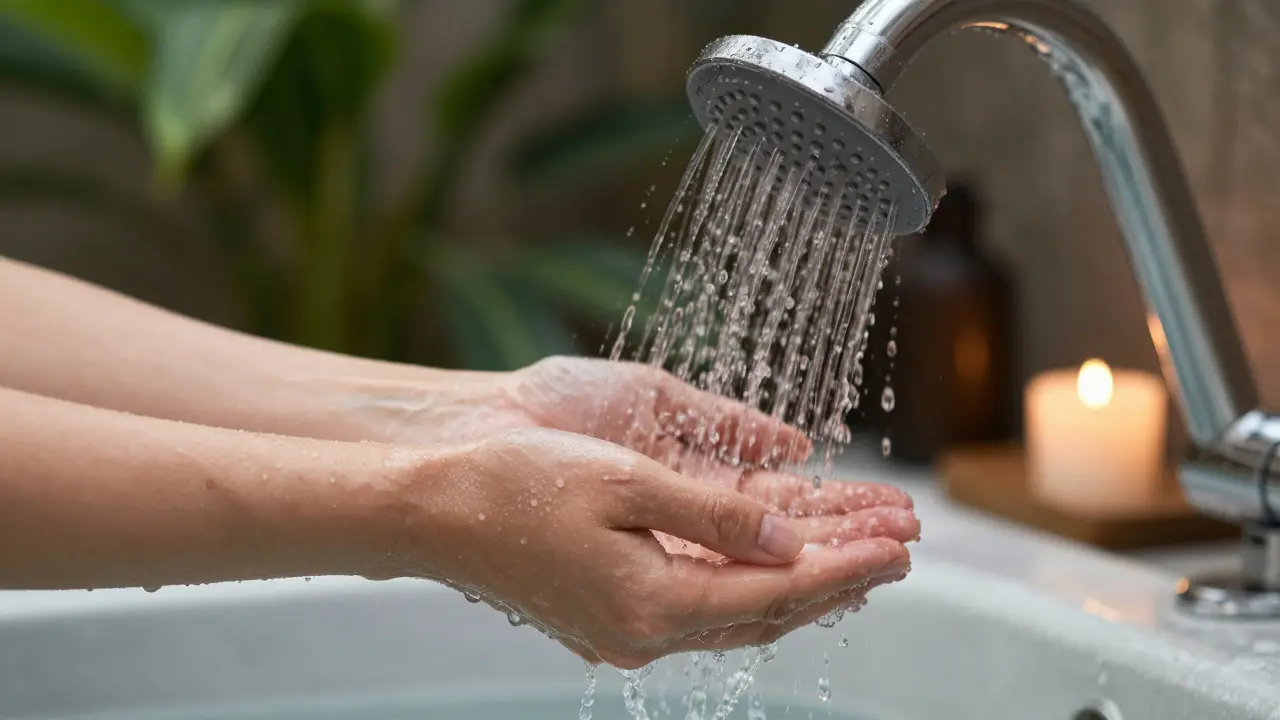 Hands rinsing under a rainfall showerhead after a jacuzzi soak.