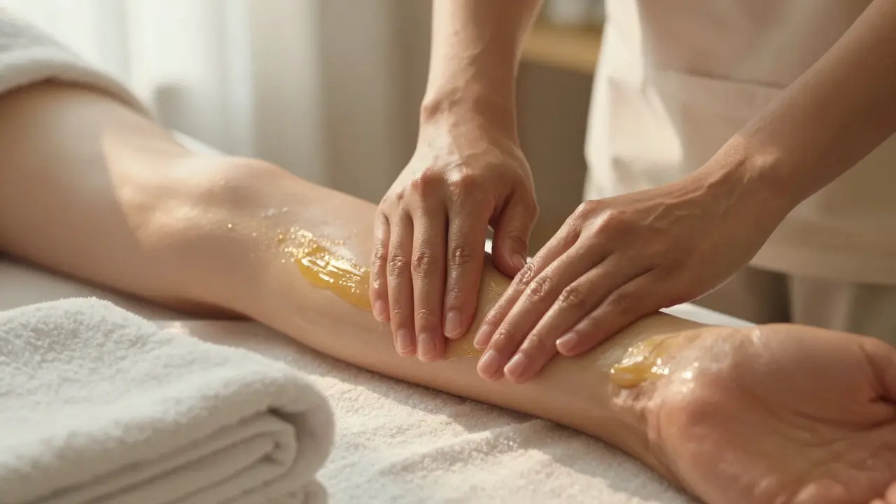 Hands using warm oil to massage a forearm during a Swedish massage, towels nearby.