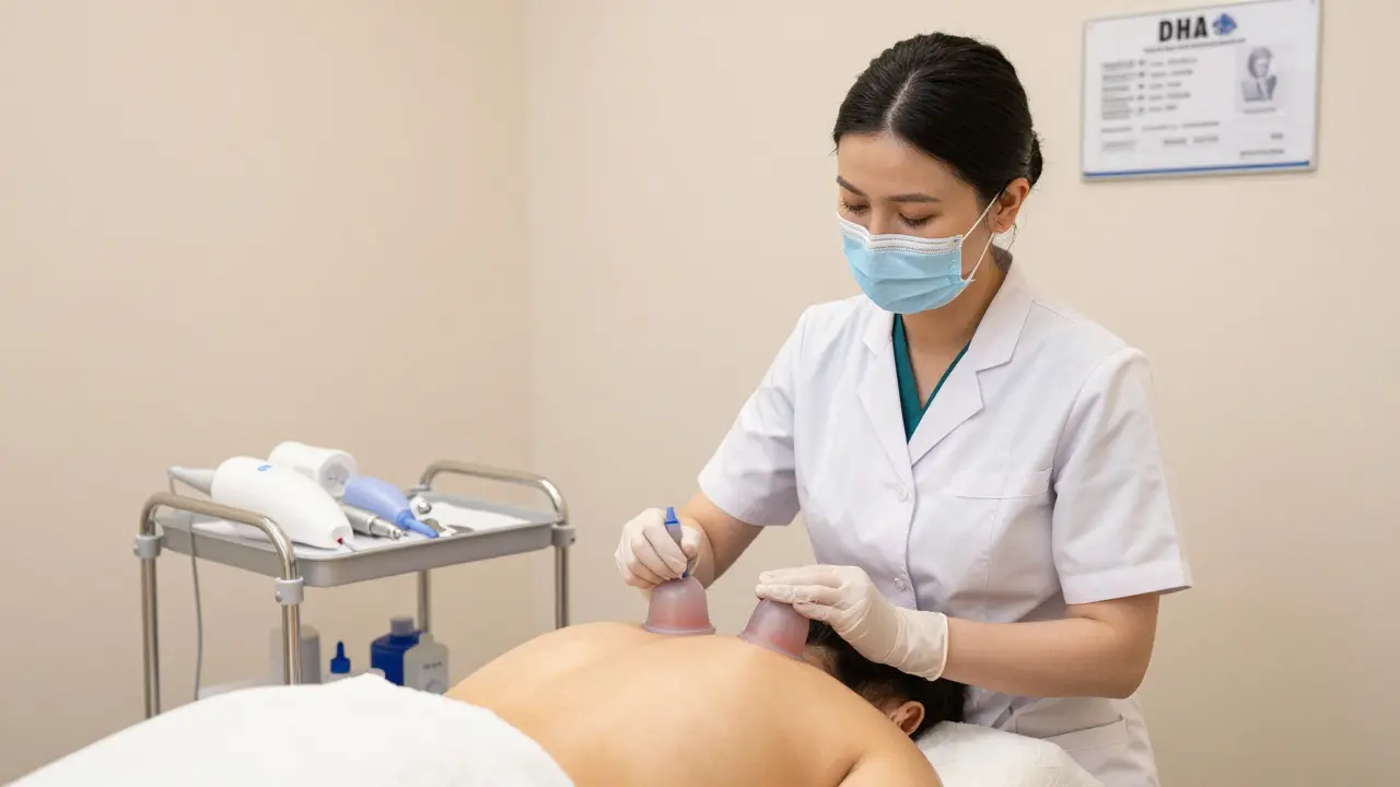 Licensed practitioner using silicone cups in a clean Dubai clinic