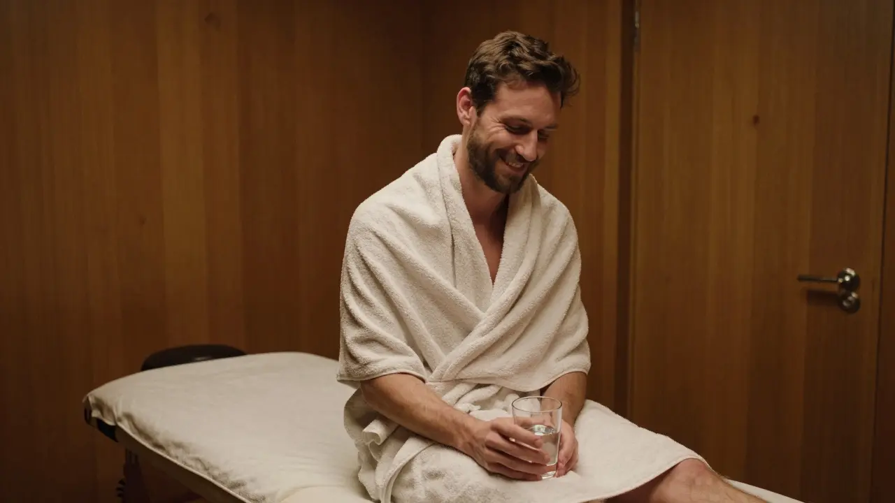 Man smiling after a massage, wrapped in a towel and holding water in a quiet spa setting.