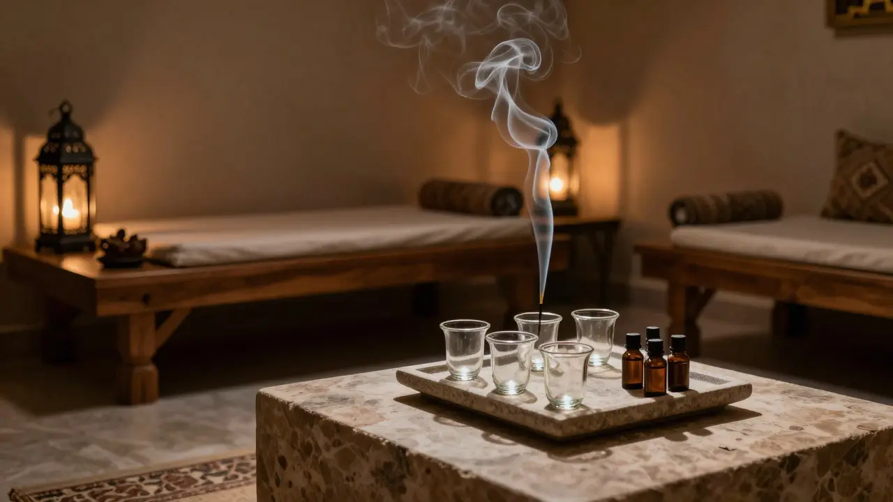Peaceful Dubai spa room with glass cups and incense in soft, warm lighting.