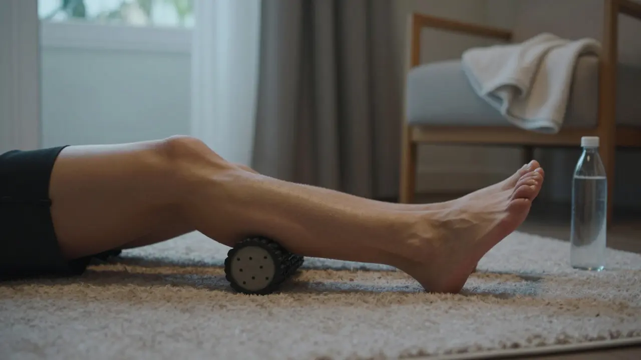 Person foam rolling calves at home after a massage, water bottle and towel nearby.