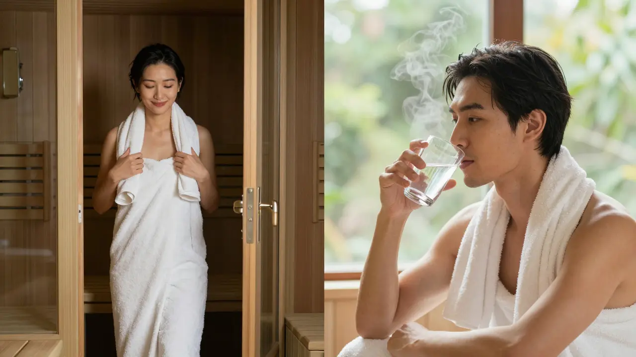 Person stepping out of a steam room and then drinking water, looking relaxed.