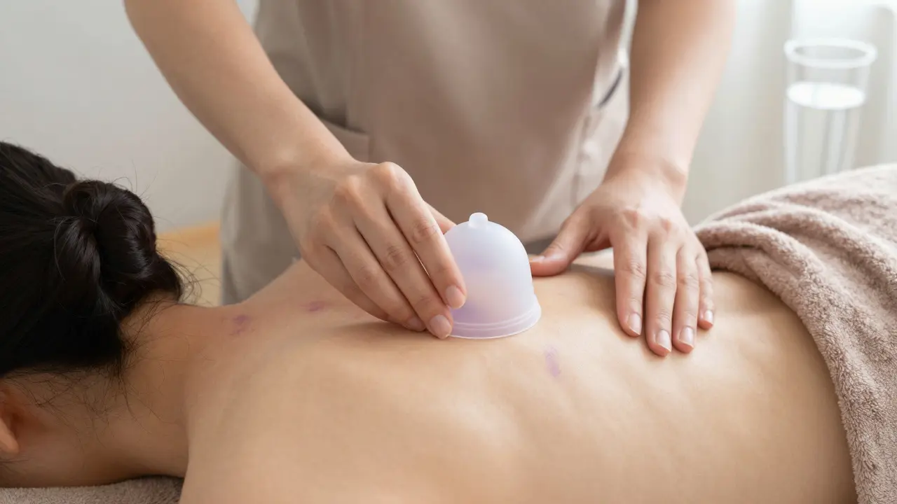 Practitioner gently removing a silicone cup from a client's shoulder.