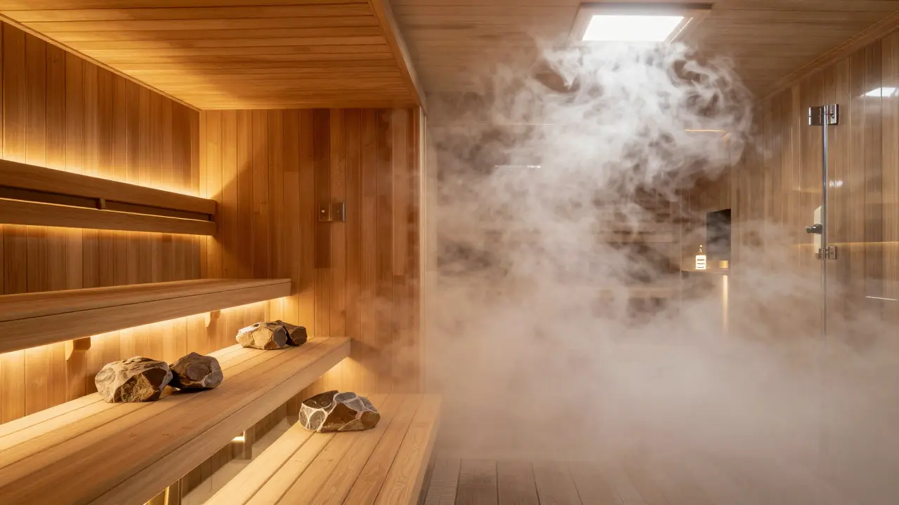 Side-by-side comparison of a dry sauna and steam room in Dubai.