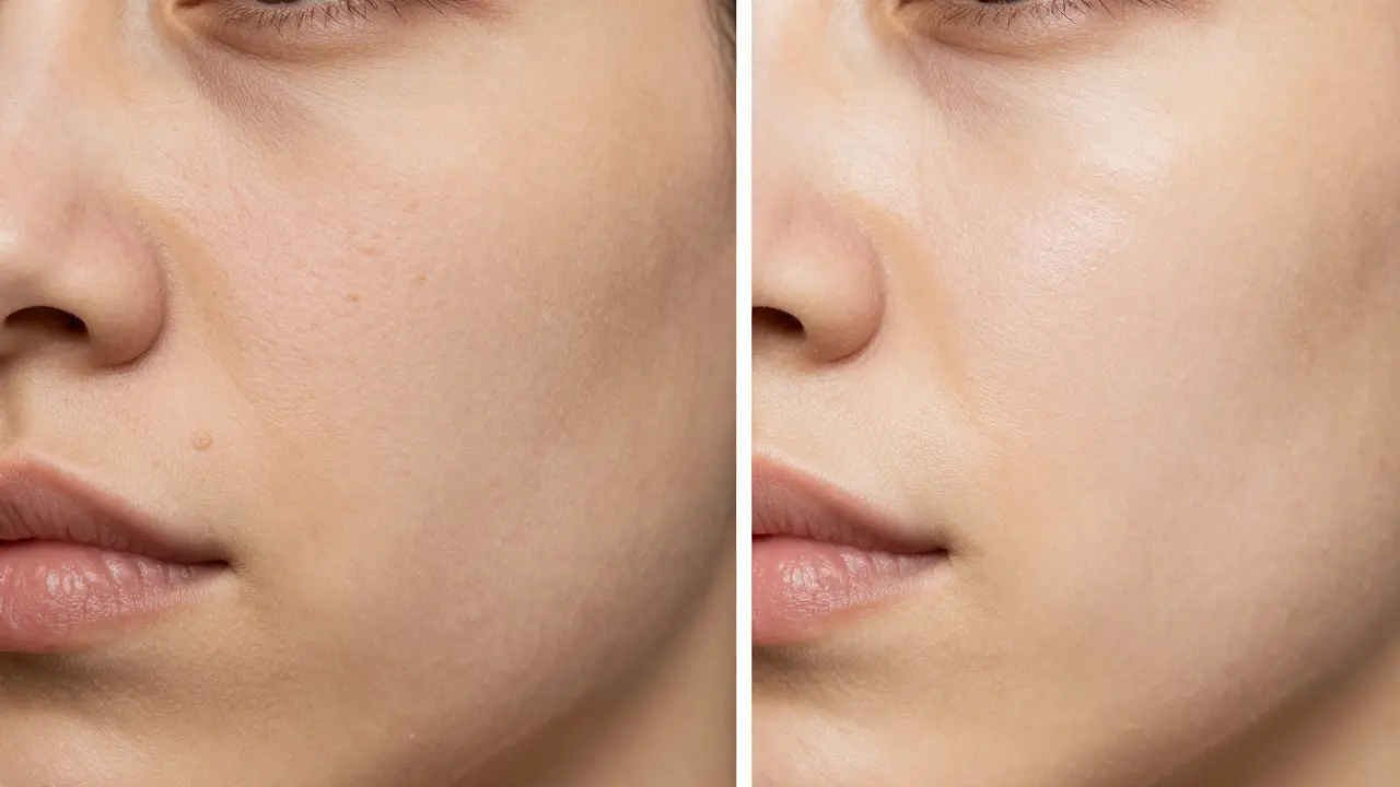 Side-by-side comparison of rough skin versus smooth skin after regular scrubbing.