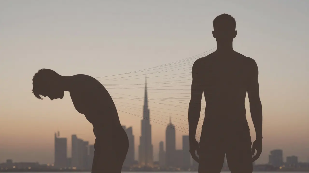 Side-by-side silhouettes showing corrected posture: slouched versus aligned spine.