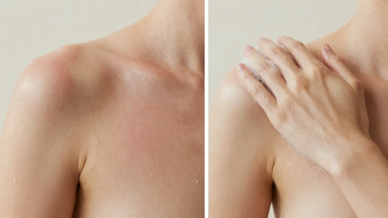 Side-by-side skin showing irritation versus calm after rinsing.