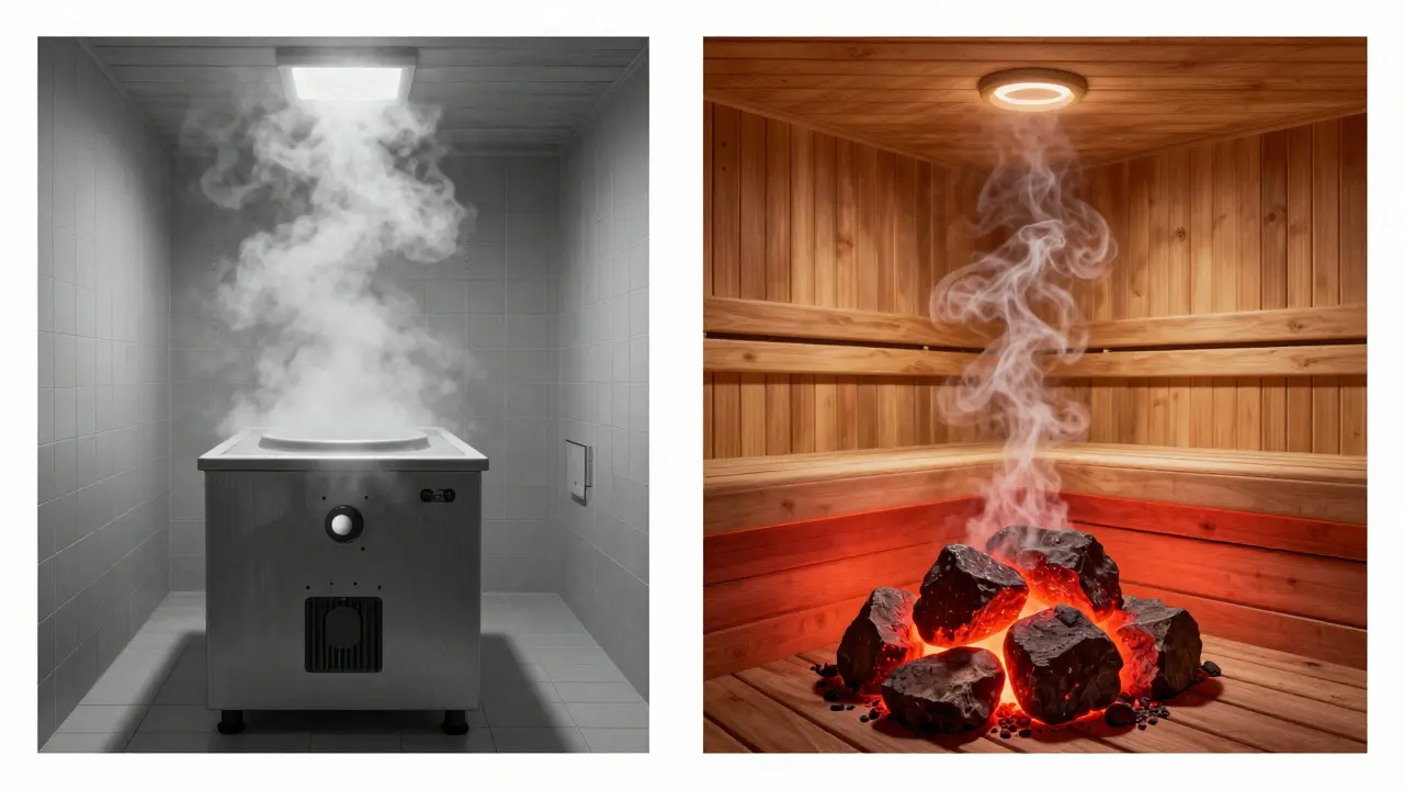 Side-by-side view of a moist steam room and a dry sauna, highlighting differences in heat and humidity.