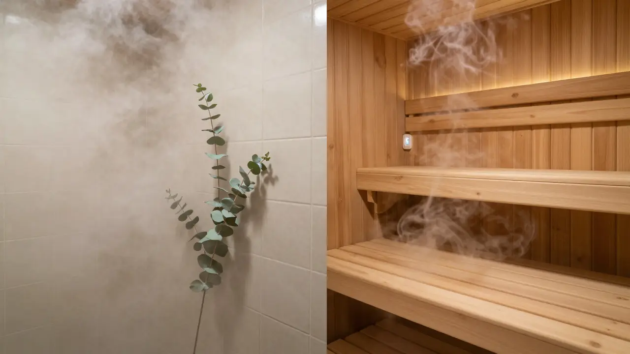 Side-by-side view of a steam room and sauna, showing differences in humidity and interior design.