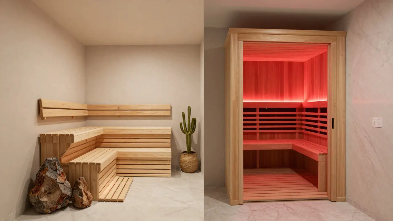 Side-by-side view of traditional Finnish sauna and modern infrared sauna in a spa setting.