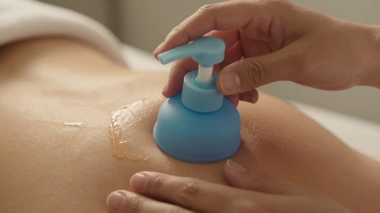 Silicone cup being applied with oil to shoulder, hand holding pump.
