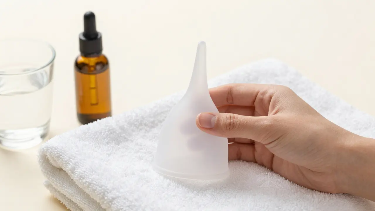 Silicone cup with pump on towel beside oil and water for home use.