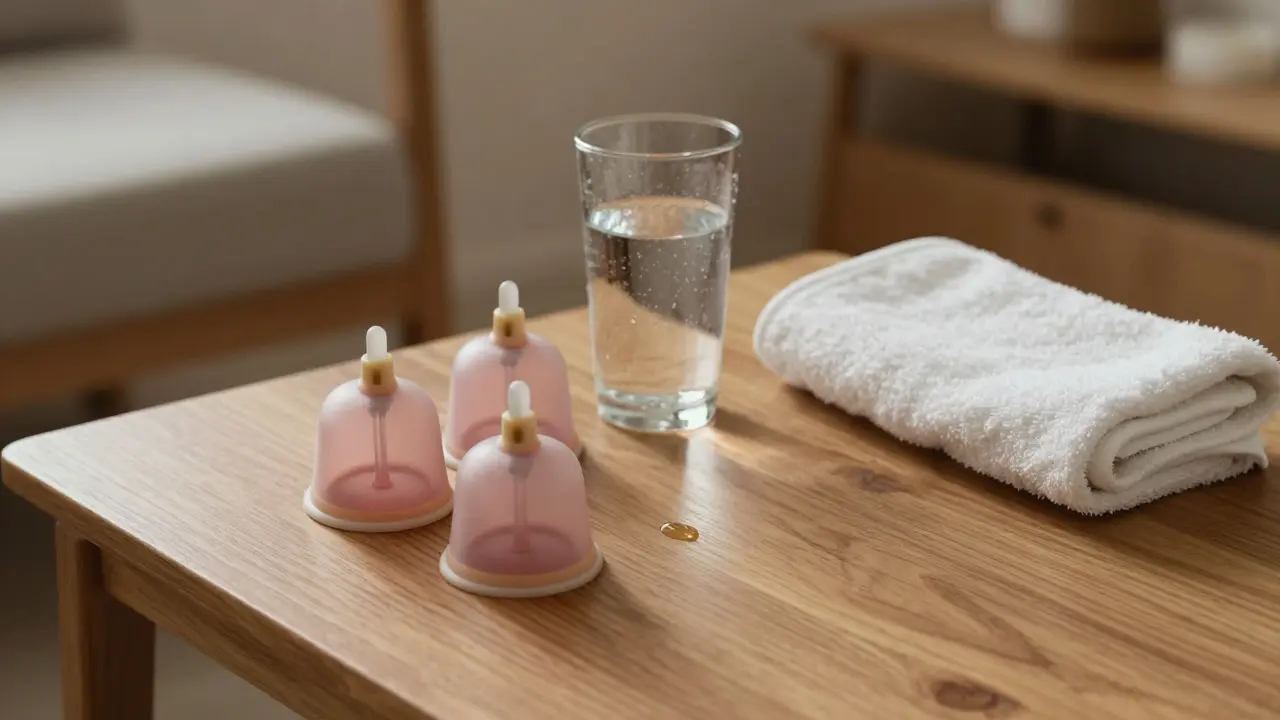 Silicone cupping set, glass of water, and towel arranged on a wooden table