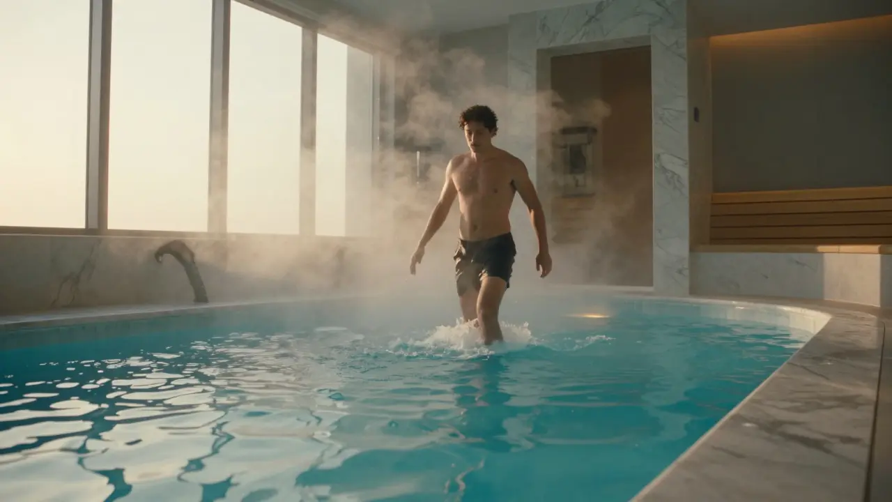 Someone stepping from a sauna into a cold plunge pool in a luxury Dubai spa.