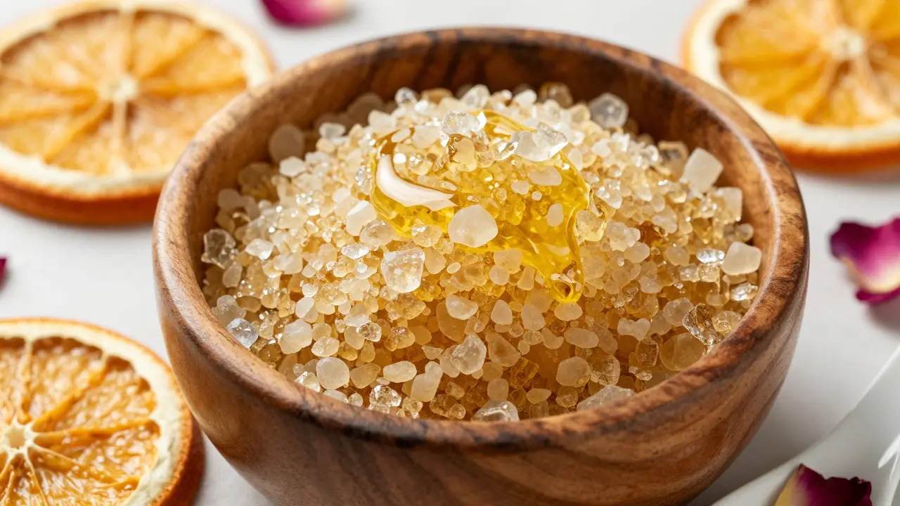 Sugar scrub granules mixed with coconut oil in a wooden bowl, adorned with rose petals and orange slices.