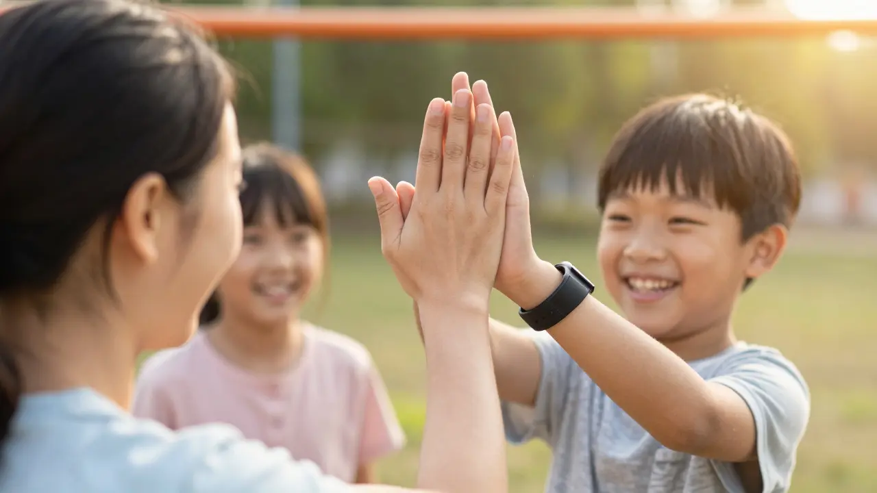 Teacher giving a high-five to a student after finishing an obstacle course, fitness tracker visible.