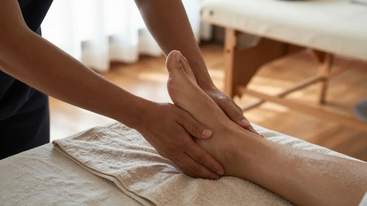 Therapist's hands applying gentle pressure to a client's foot during a Thai massage, on clean linen, natural light.