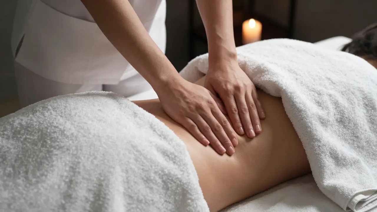 Therapist's hands massaging a client's lower back, with towels covering the rest of the body.