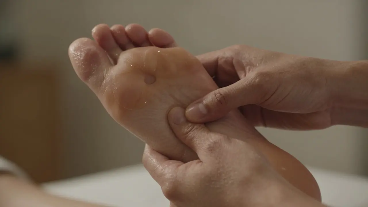 Therapist's hands massaging a foot with coconut oil, focusing pressure on the arch.