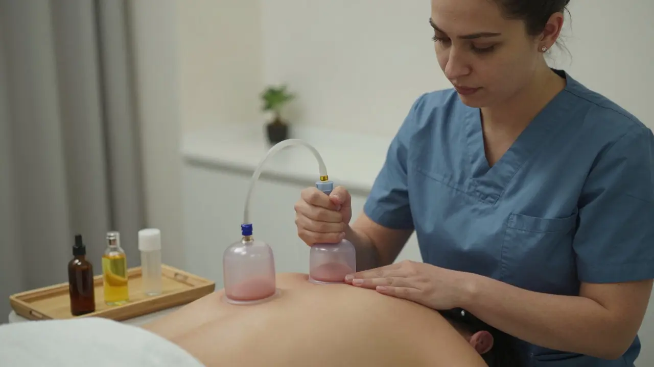 Therapist using a manual suction pump to apply cupping on a client's shoulder.